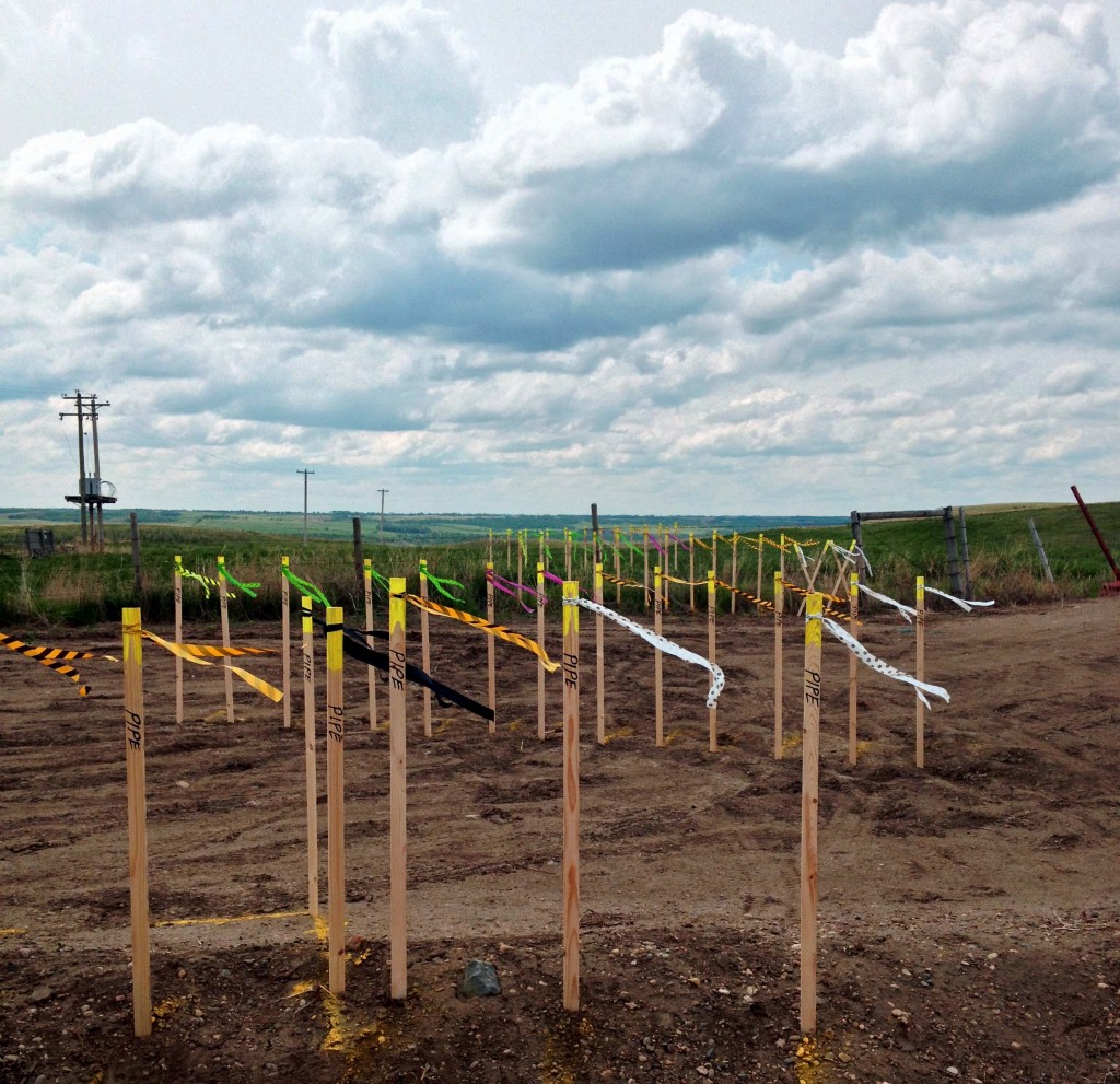 Stakes Marking Various Underground Lines On Contruction Site
